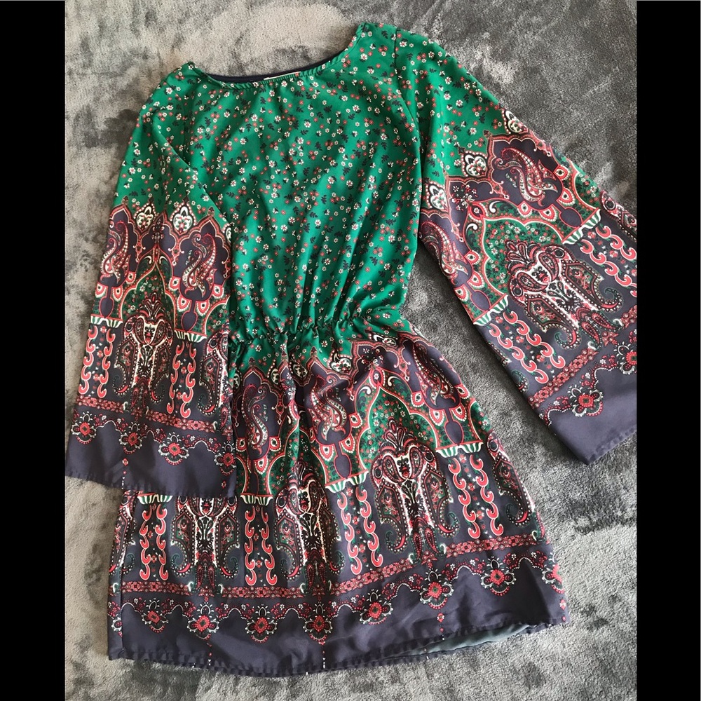 SOLD: Floral Print Dress W/ Long Flare Sleeves